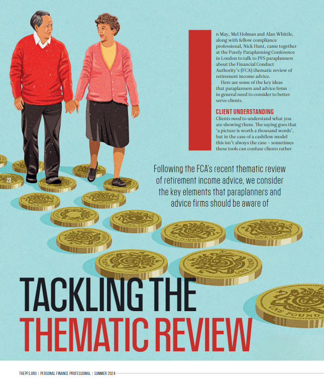 A page of a magazine showing an elderly couple walking using pound coins as stepping stones